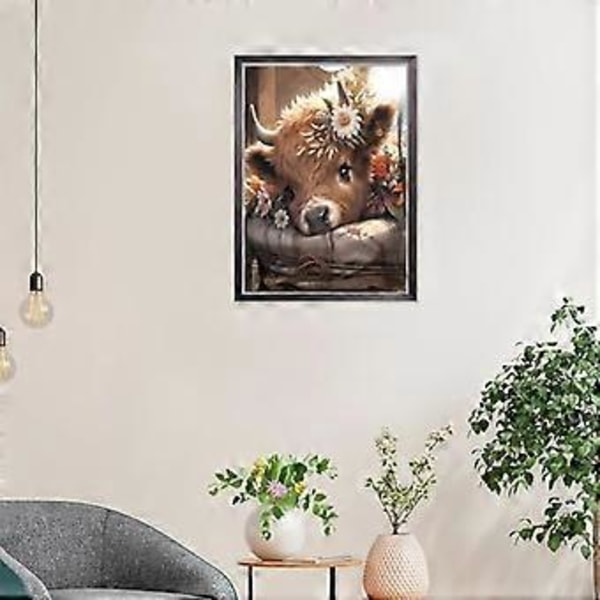 Timanttimaalaussarjat aikuisille, Highland Cow 5D timanttimaalaus täysporaus kukkalehmä jalokivitaide, aikuisten askartelusarjat taide ja askartelu, hauska DIY-askartelu, Wa