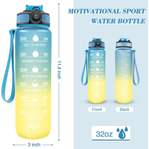 Blå + gul - 1 x vandflaske - 1 liter - med timer og strop