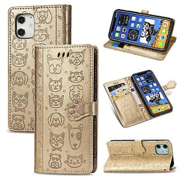 Sødt Kat og Hund Præget Etui til iPhone 12 / 12 Pro Gold
