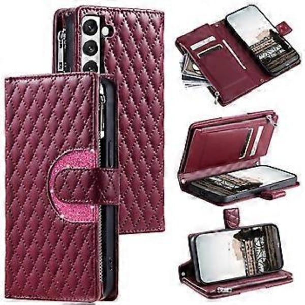 Style 012 til Samsung Galaxy S22 5G Etui Håndtaske Lynlåslomme Glitter Læder Telefon Cover Style C