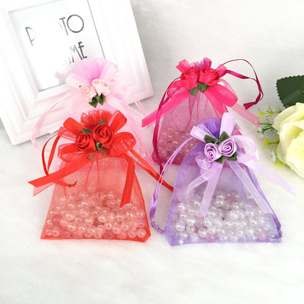 50 stk. 10x15cm gennemsigtige organzaposer, hvide rosebuketposer, slikposer, smykkeposer, bryllupsgaveposer, lyserød