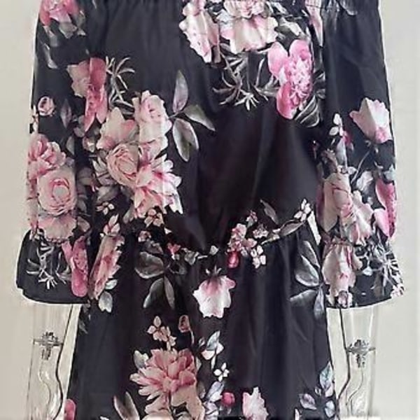 Dame Casual Blomsterprint Off Shoulder Trompetærme Swing Kjole (style6076)