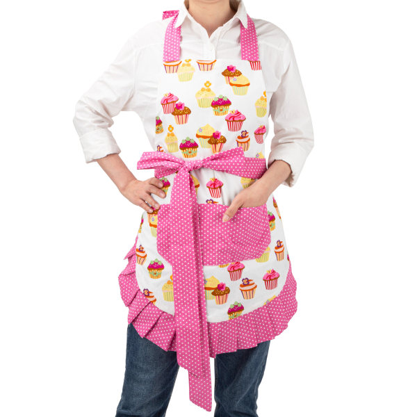 Bomullsforklær for voksne jenter (rosa）, cupcakemønsterforkle til