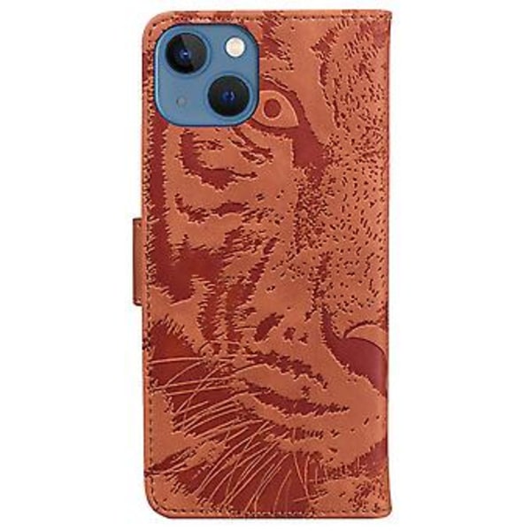 Tiger Präglat Läderfodral För iPhone 14 Brown