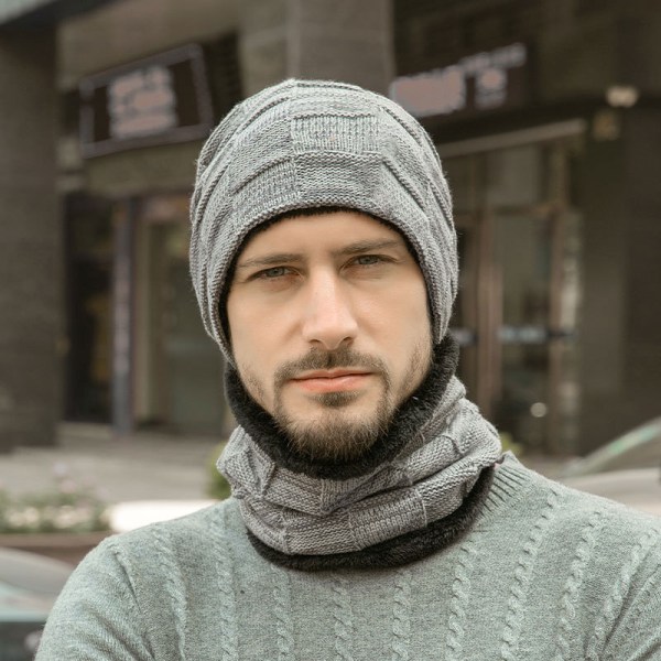 Mens Winter Beanie Hats Scarf Set Warm Knit Hats-Grey Skull Cap