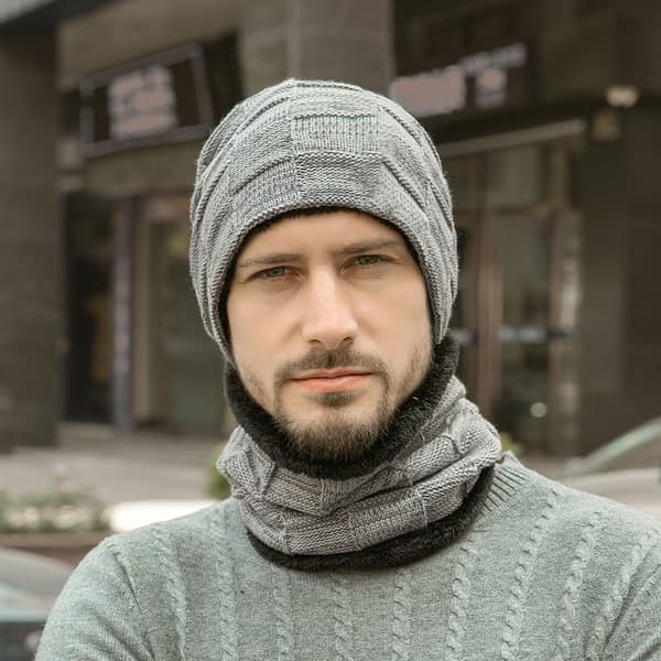 Vinterlue og skjerfsett for menn, varme strikkeluer - Grå skull cap