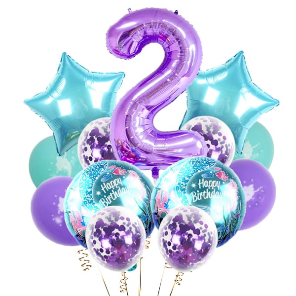 Paket med 14 sjöjungfru-festballonger, festtillbehör, 2 år gammal födelsedag