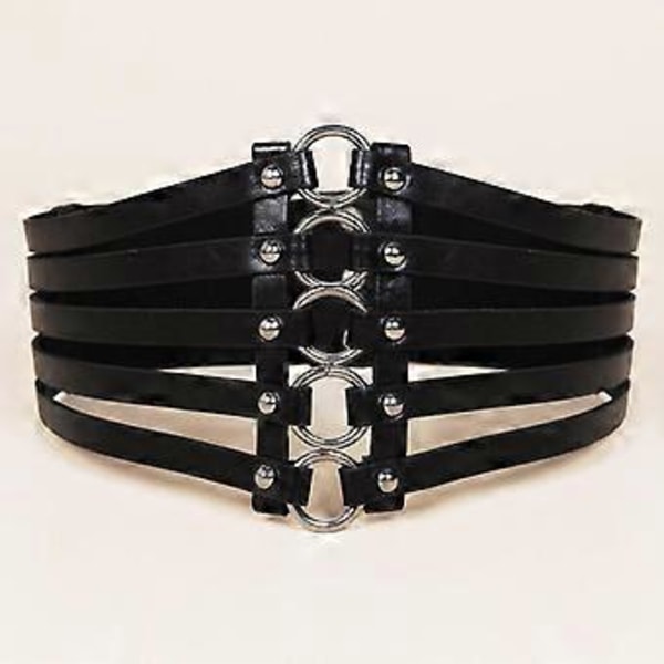 Vintage Steampunk Nitar Svart Läder Bred Midjebälte Stretchband Dam()