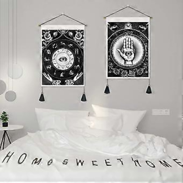 Onda Ögat Väggbonader med Tofsar, Set om 2 Handvävda Tapeter, Svart, Astrologi Zodiak Tapeter, 35 x 50 cm