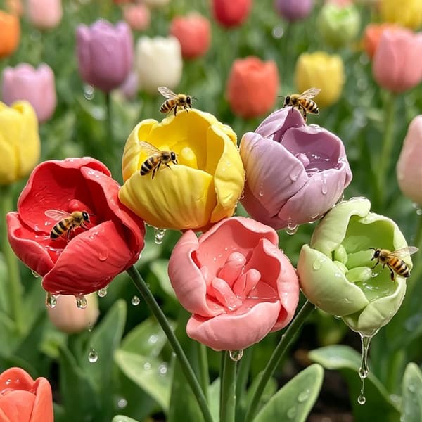 Bifoder, femfarvede dekorative havebiavlblomster, kunstig blomst porcelænspynt