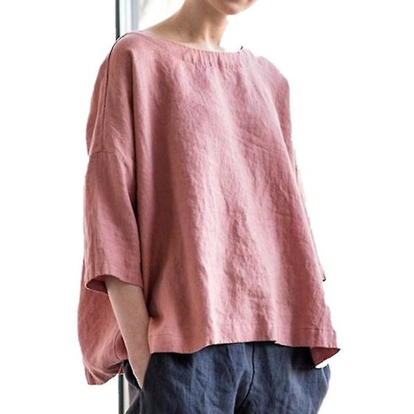 Puuvillapellavapaidat naisille Vintage Pyöreä kaula-aukko Kiinteä lyhythihainen.XL.Pinkki