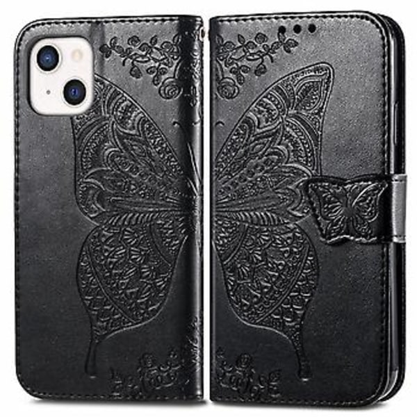 Fjäril Kärlek Blomma Läderfodral För iPhone 13 mini Black