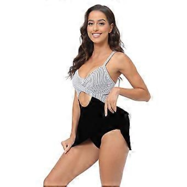 Dame Badedragt Badetøj med Nederdel Udhulet Udskæring Badedragt Mavekontrol Badekåbe med Boyshorts sorte striber L black strips L