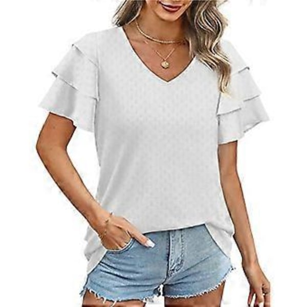 Dam T-shirt Enfärgad V-ringning Volangärmar Trendig Bekväm Kortärmad Topp för Kontor Hemma Dejting Vit M