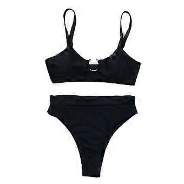 Bikinisæt med stropper, højtaljet brasiliansk badetøj, strandrejse, badedragt, tankini (Sort 1 L) Black 1 L