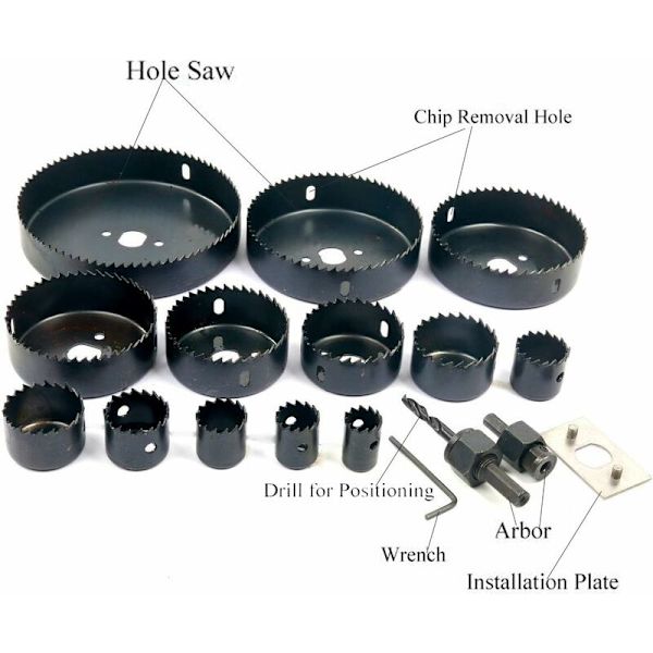 16-delt hulsave sæt 19-127 mm til træ, metal og plast