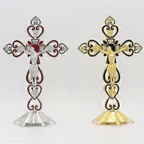 Krucifix Skulptur Kors Staty Katolsk Figurin Stående Krucifix för Hemaltare Vardagsrum Bord Sovrum silver röd silver red