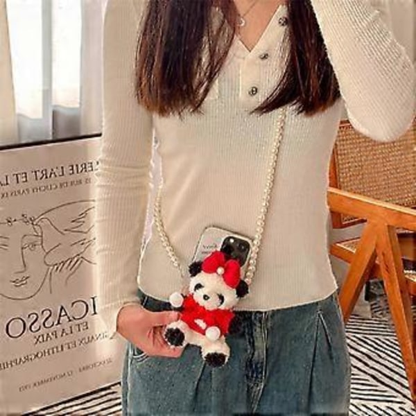 Panda Nyckelring Charmig Luddig Hänge Söt Väskberlock Mjuk Panda Telefonprydnader Plyschmaterial för Handväska och Plånböcker tröja rosett sweater bow