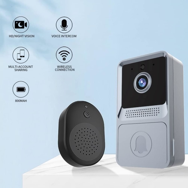 Grå - Trådlös videodörrklocka, Wi-Fi Smart videodörrklocka, Natt
