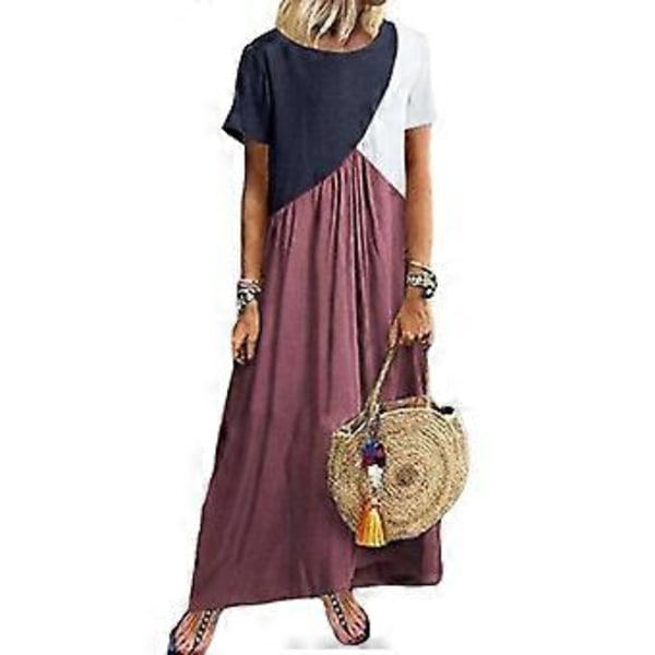 Dame Farveblok T-shirt Kjole Afslappet Løs Lang Kjole Rund Hals Strand Maxikjole Swing Kjole Kortærmet Maxikjole Lilla XL Purple XL