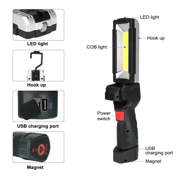 LED Ficklampa COB Arbetslampa, Bärbar USB Laddningsbar Inspektionslampa