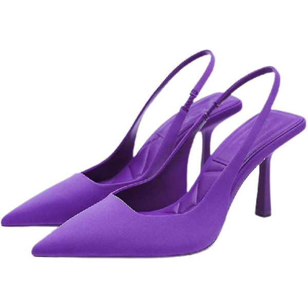 Women&#39;s Pointed Toe Heels Sandals Party Ankle Strap Slingback Stiletto High Heels Slip On Mules Shoes.41.Purple