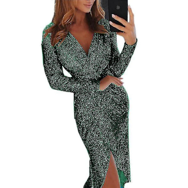 Elegant Sequin Glitter Festkjole Kvinder V-hals Bodycon Glitter Langærmet Damer Club Festkjole.M.Grøn