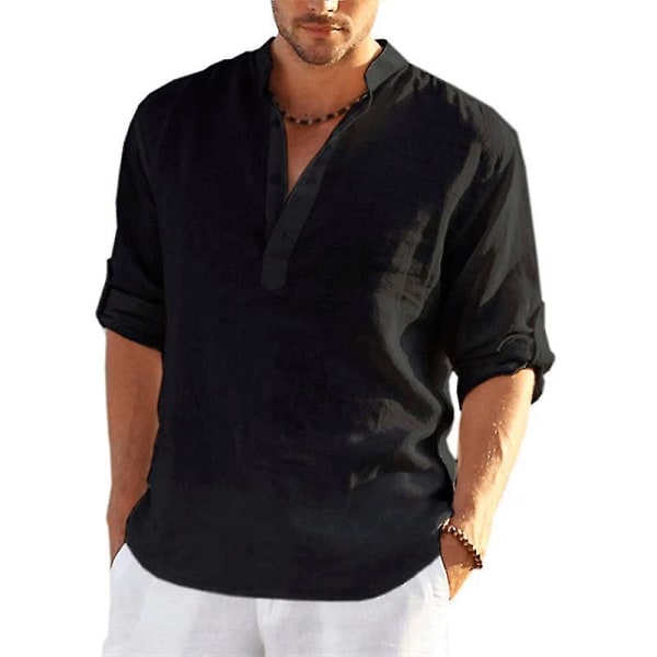 Långärmad linneskjorta för män, casual i bomull och linne, S-5xl topp.L.svart