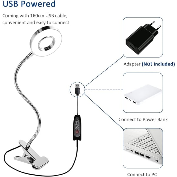 USB-klemmebordlampe 360° LED-sengelampe boglæselampe (sølv)