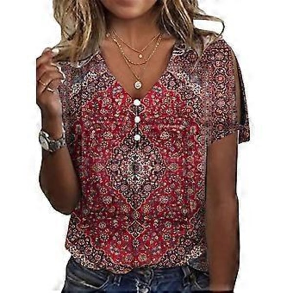 Dame Bluse Knapp V-hals Kort Erme Kald Skulder Stilig Casual Dame Topp for Sommer Rød XL
