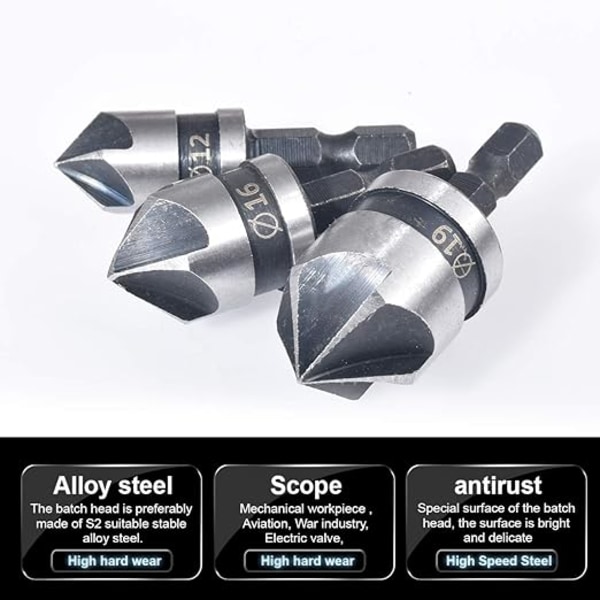 3 stk 1/4'' Hex 5 Fløyter 90° 1/2'' 5/8'' 3/4'' Forsenker Bor