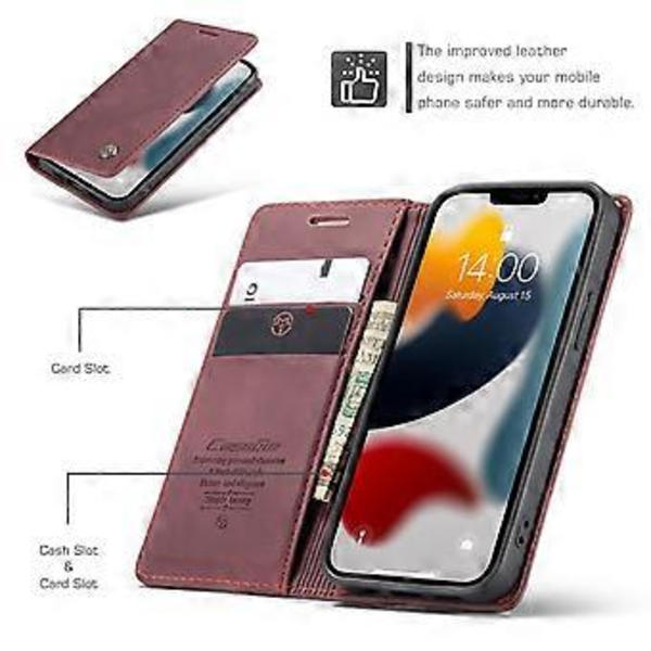 CaseMe-013 Læder Etui Til iPhone 13 Til iPhone 13 Wine Red