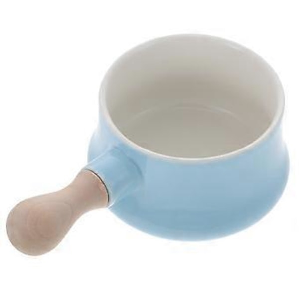 Moderne Porcelæn Suppe Mælk Dessertskål Nudelskål Træhåndtag Keramisk Morgenmadsskål til Hjemmet (Blå, Ca. 380ML)