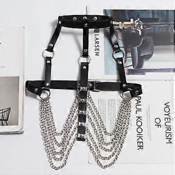 Punk Svart Läder Kroppskedja Sele BH Kedjor Klubb Kroppssmycken Accessoarer för Kvinnor och Flickor