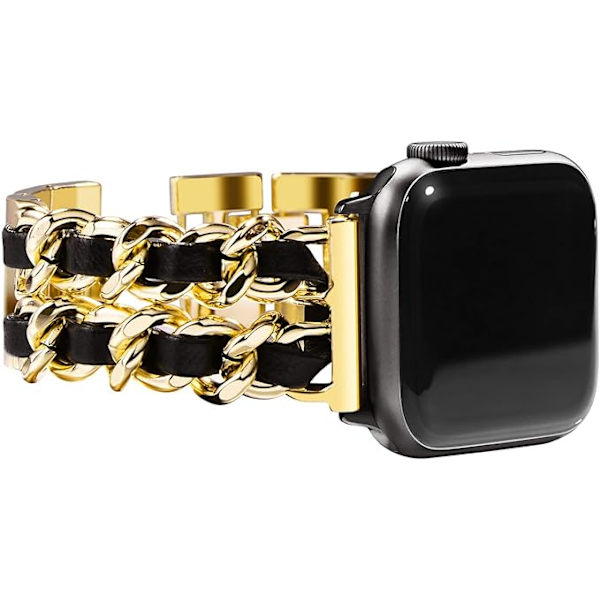 Guld svart läder guldkedja, damer dubbelrad metallarmband co
