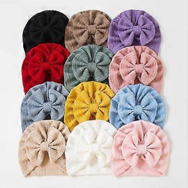 Stickade mössor för spädbarn med rosett, bekväm stretchig babymössa, unisex, stilfull för pojkar och flickor, ålder 0-24 månader, disblå haze blue