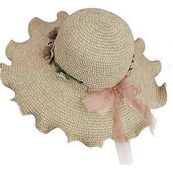 Dame Solhatt i Strå, Sammenleggbar Bredbremmet Sommerhatt med Blomst, Anti-UV Beskyttelse for Reiseferie Beige