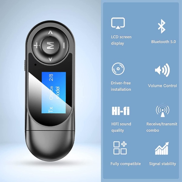 Bluetooth 5.0 Sender og Modtager, 2-i-1 Bluetooth Audio Adapter Med Synligt Lcd-Display, Stereosystem