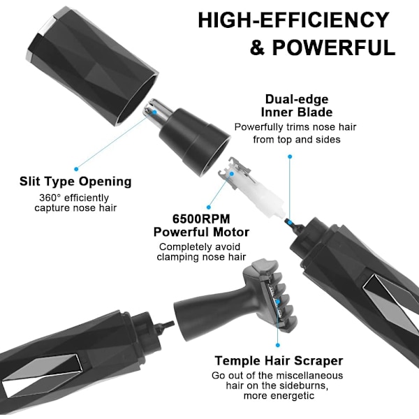 Nese- og ørehårtrimmer, elektrisk ansiktshårstrimmer, USB-lading