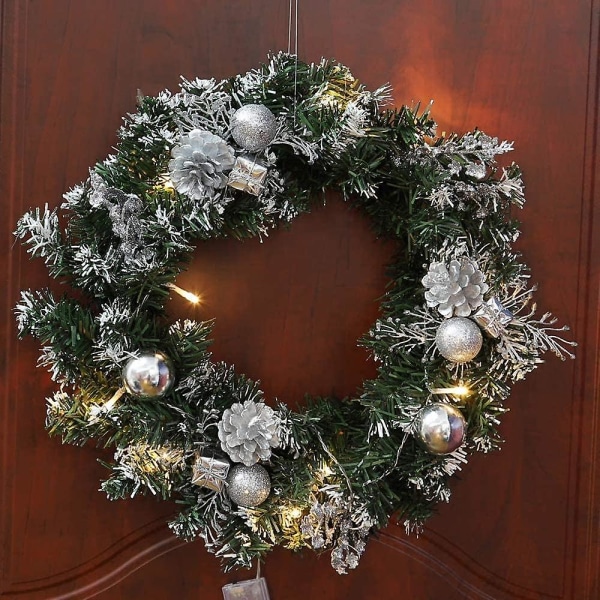 Upplyst julkrans med led-ljus, 40 cm förupplyst dörrkrans med ornament, batteridriven konstgjord krans ytterdörr Hängande krans Fo