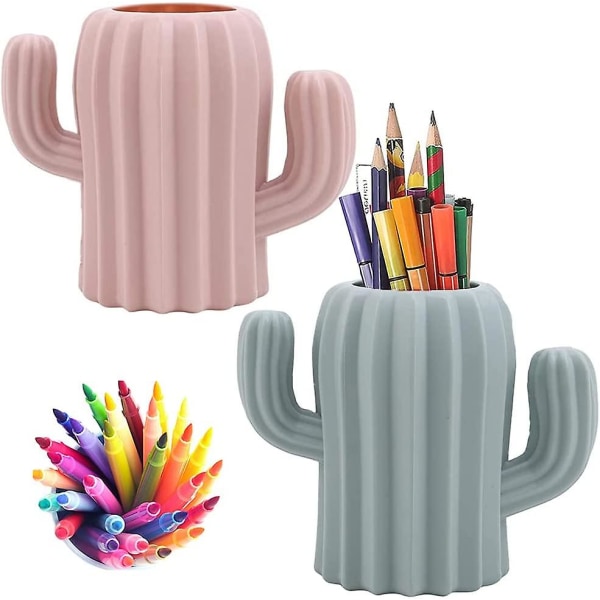 2 Pieces Cactus Pen Pencil Pot,stationery Makeup Brush Holder(pink+green) (b-2-v)