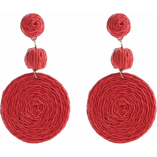 Boho Raffia Ball Örhängen För Kvinnor, Handgjorda Drop Earrings Straw Dingle Earrings Beach Red