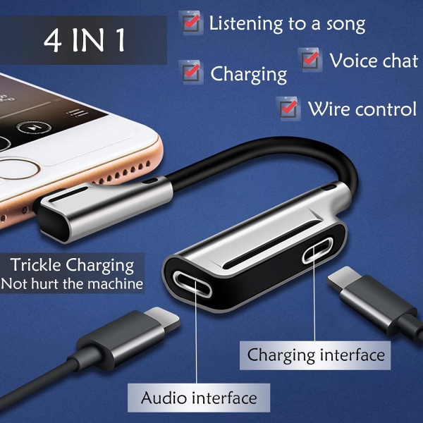 Hörlursadapter för IPhone, Iphone Jack Adapter, 4 i 1 Dual Jack Adapter Kompatibel med IPhone 11/XS/8Plus Kompatibel med alla iOS-system