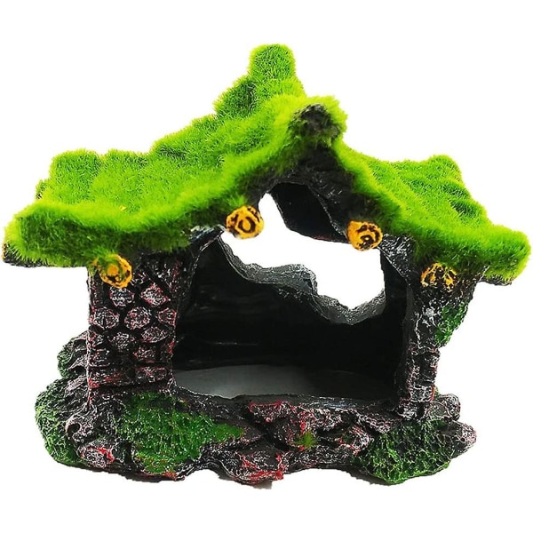 Aquarium Decoration House Resin Hollow Hideout House, Fish Tank Accessories Cave Ornament Tank Small Fish Hideaway With Moss