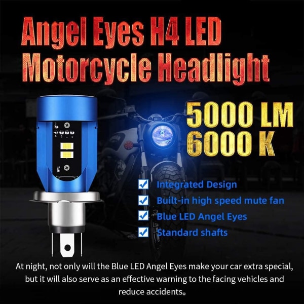 H4 LED-lampa med Angel Eyes, HS1 6400LM DC 12V Motorcykelstrålkastare, blå, 1 pack