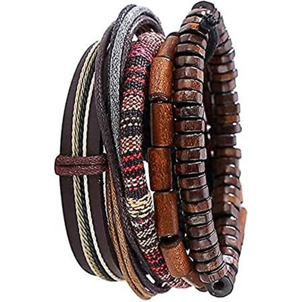 Populärt flerlagers läderarmband med vintage hippy naturpärlor rep flätad armring för man kvinna multi-lager hippy armband armband 2 set