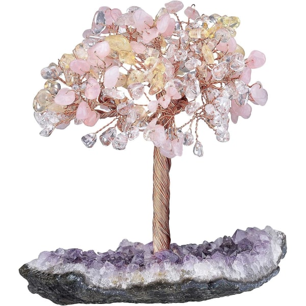 Naturlig roskvarts & akvamarin & ametist Kristallträd med ametistkluster Kristallbas Pengaträdfigurer Feng Shui Skrivbordsdekoration, Meditation Pink  Yellow  White