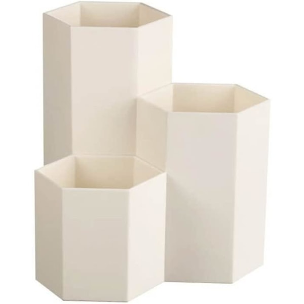 Hexagonal Plastic Three-grid Pen Holder Learning Stationery Pencil Holder (beige) (4-d-w) White