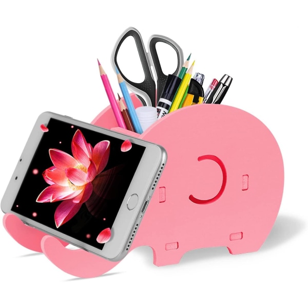 Skrivbordsorganisatör, söt elefantpenna pennhållare med mobiltelefonställ rosa (4-d-w)