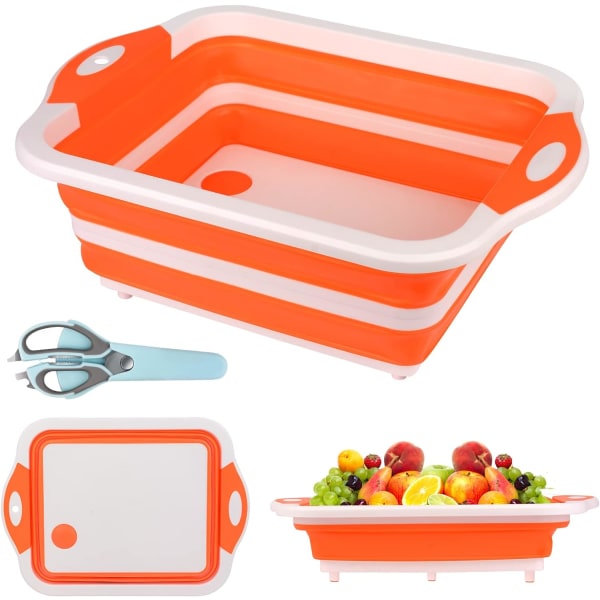 I 1 multifunktionell hopfällbar skärbräda, skärkorg Bärbar hopfällbar diskbänk förvaringskorg för kök, camping (orange)